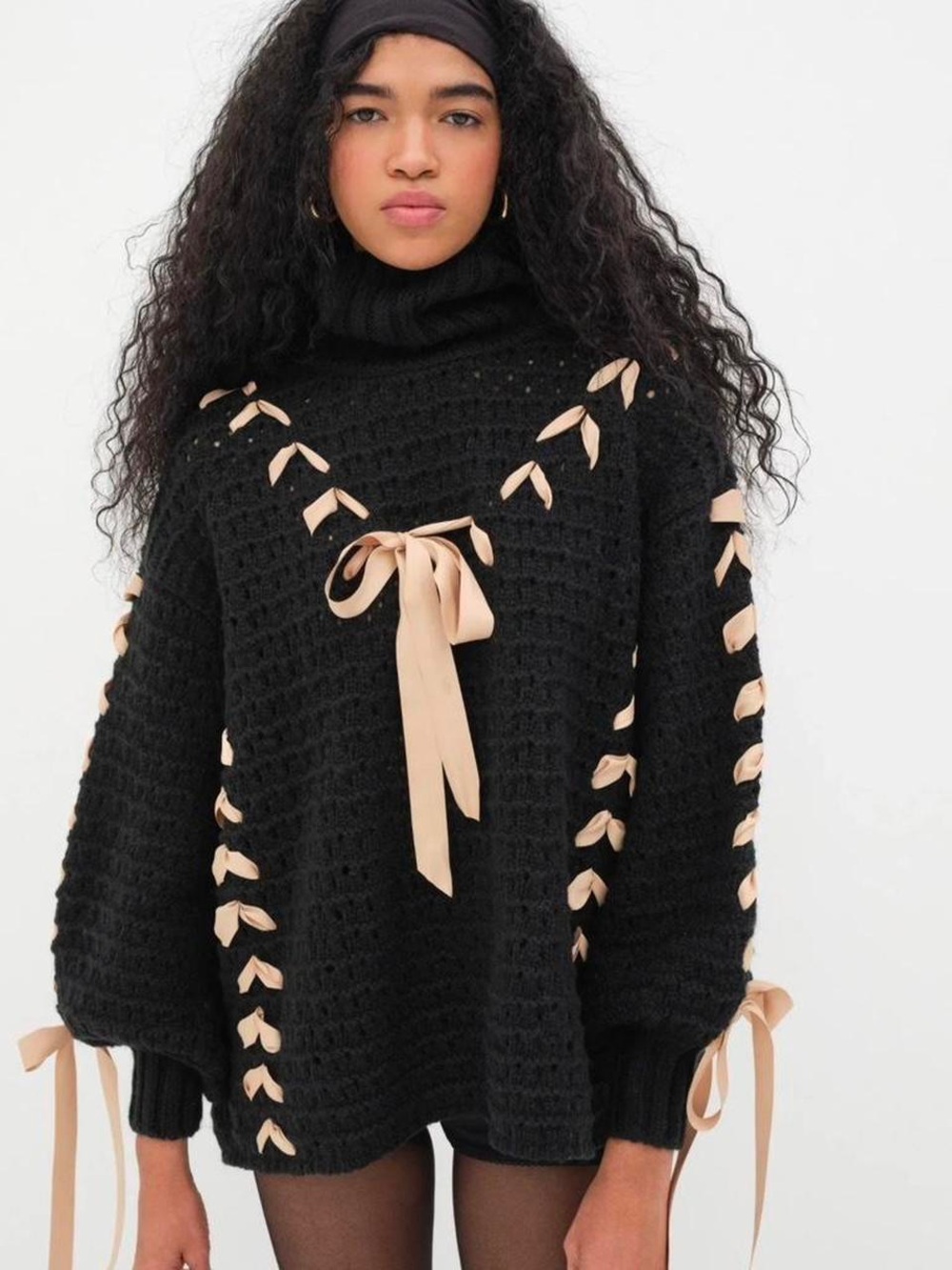 For Love And Lemons Black Turtleneck Sweater with Cream Ribbons